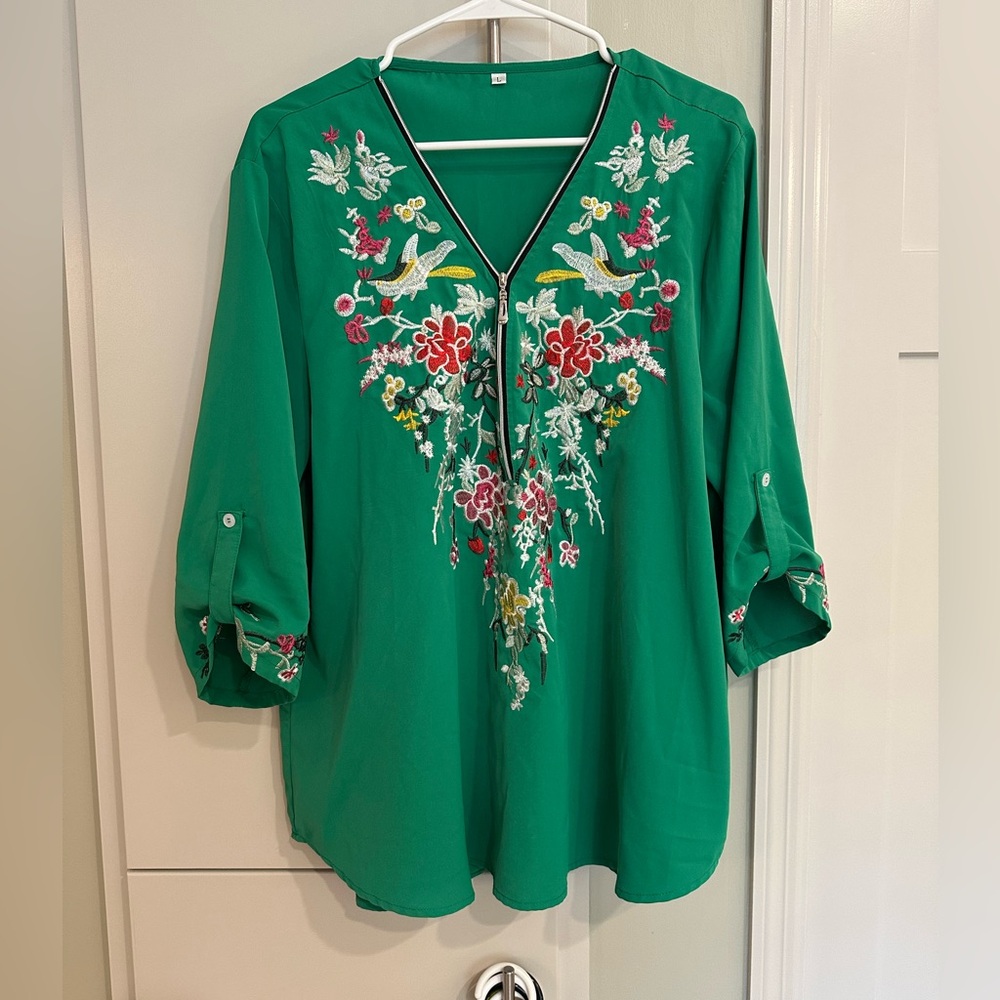 Green Embroidered 3/4 Sleeve Blouse with V-Neck